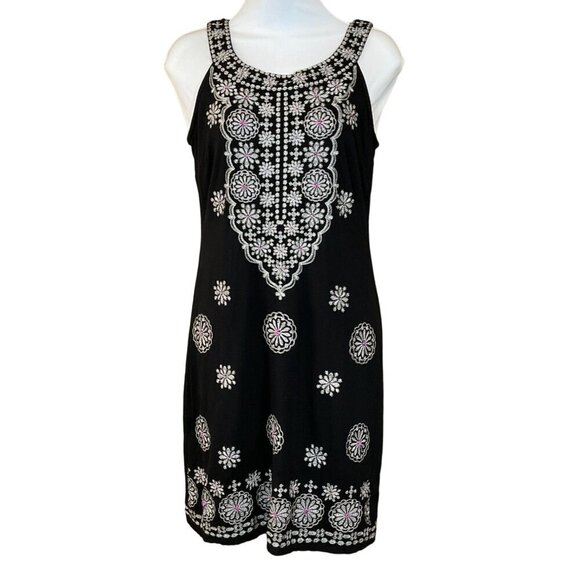 INC Black Silver Metallic Embroidered Medallions Shift Dress Beading Accents Sm - Picture 1 of 7